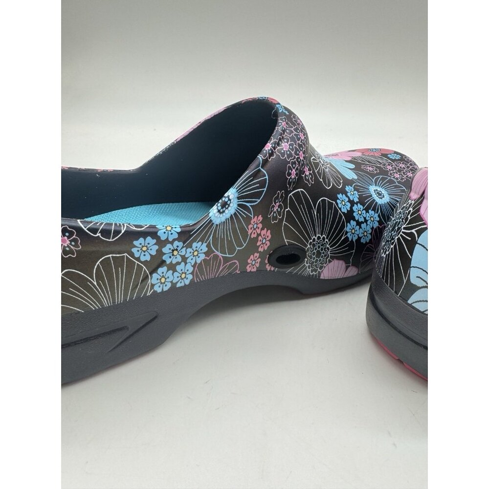 Black Floral Slip-On Clogs in Pink & Turquoise - Picture 9 of 15